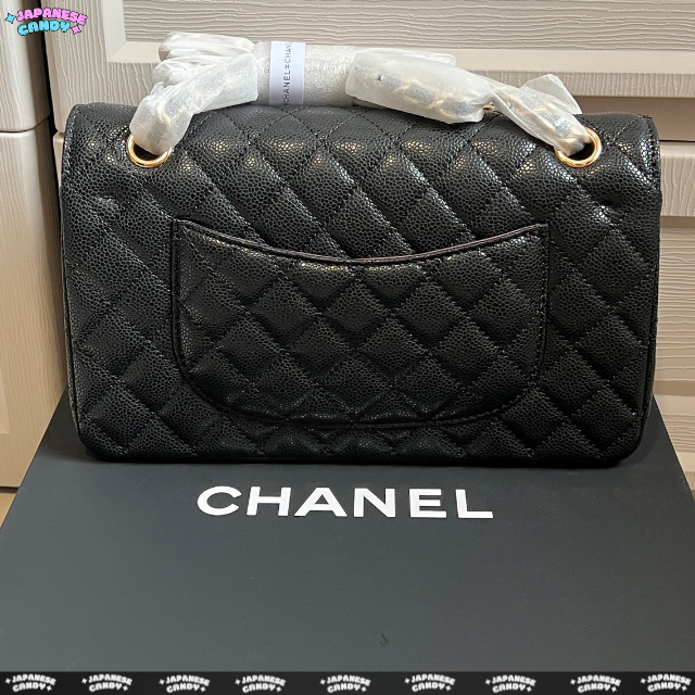 C H Caviar Black Double Flap Chain Shoulder Bag