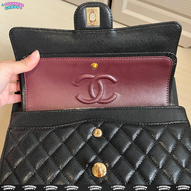 C H Caviar Black Double Flap Chain Shoulder Bag