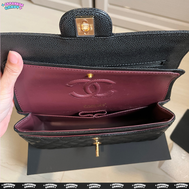 C H Caviar Black Double Flap Chain Shoulder Bag