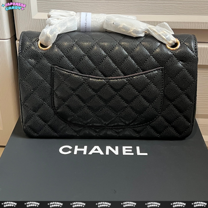 C H Caviar Black Double Flap Chain Shoulder Bag