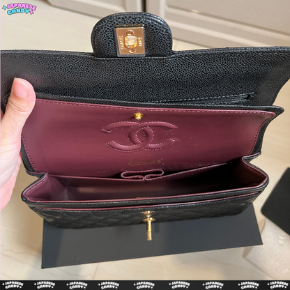 C H Caviar Black Double Flap Chain Shoulder Bag