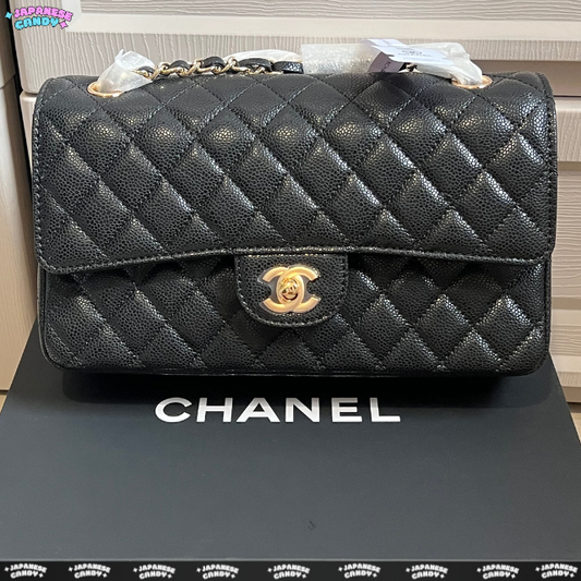C H Caviar Black Double Flap Chain Shoulder Bag